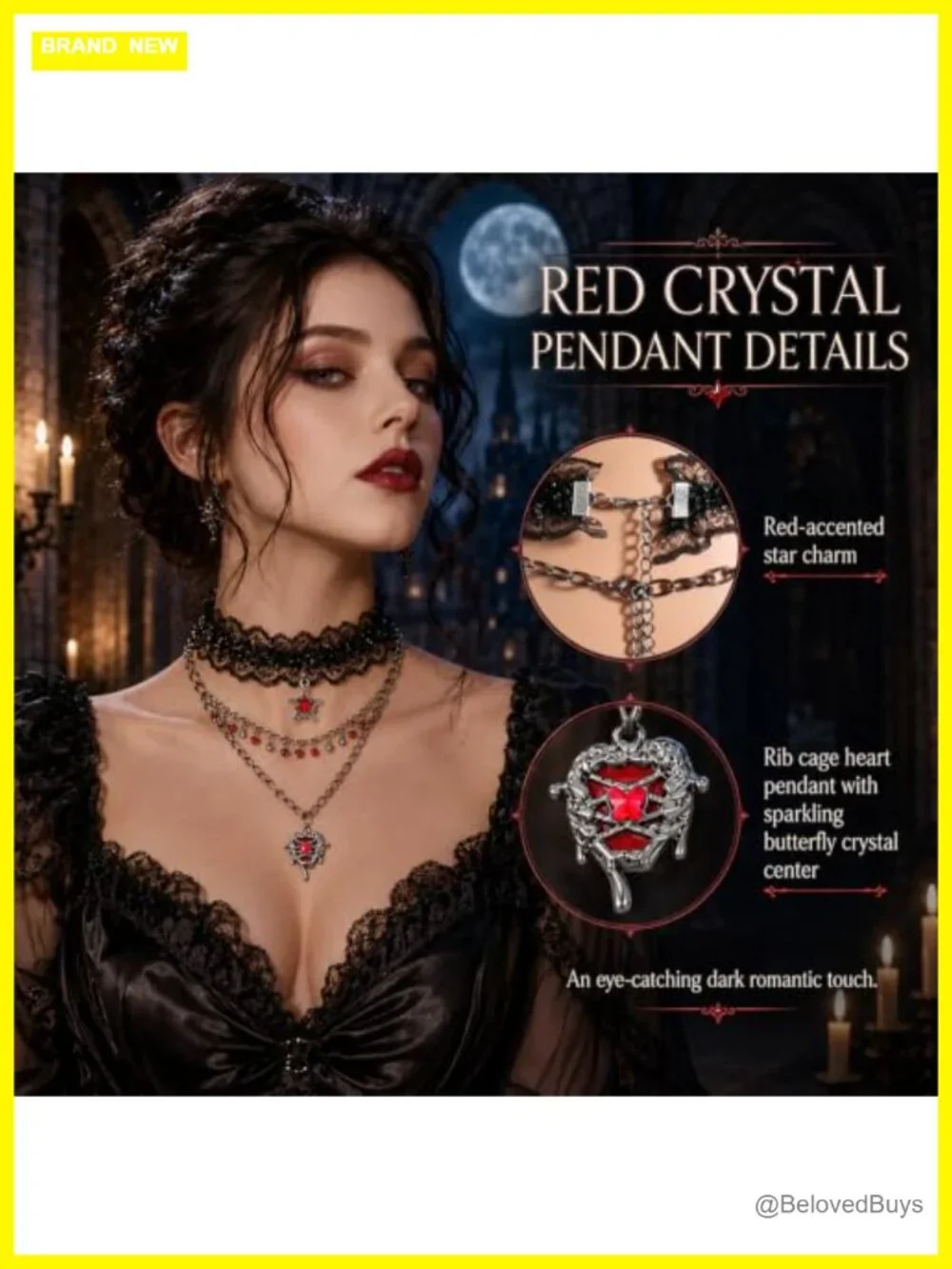 Gothic Black Lace Choker Necklace with Red Dripping Heart Pendant Layered Chain